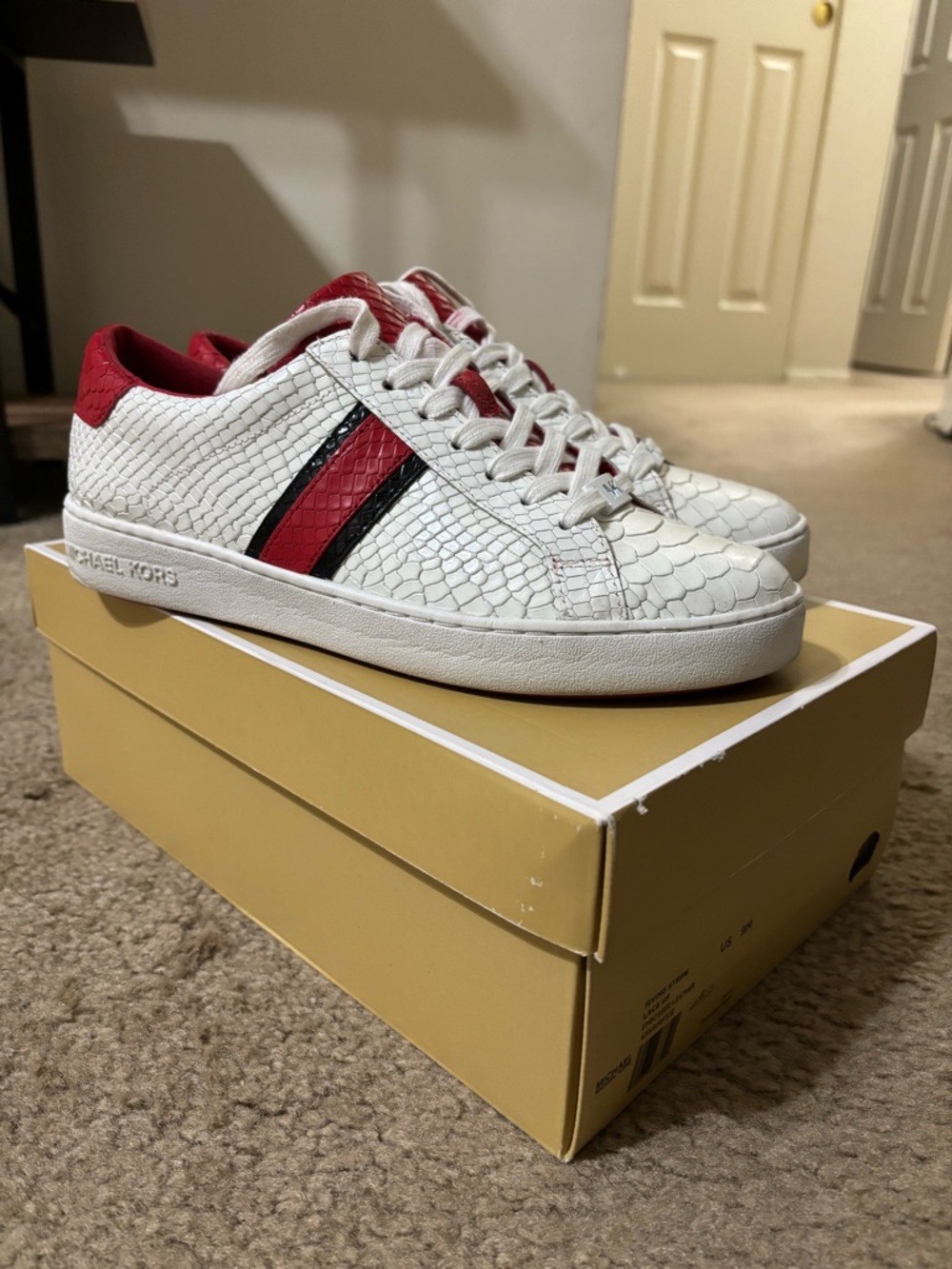 Michael Kors White Snake-Embossed Sneakers with Red & Black Side Stripes- Size 9